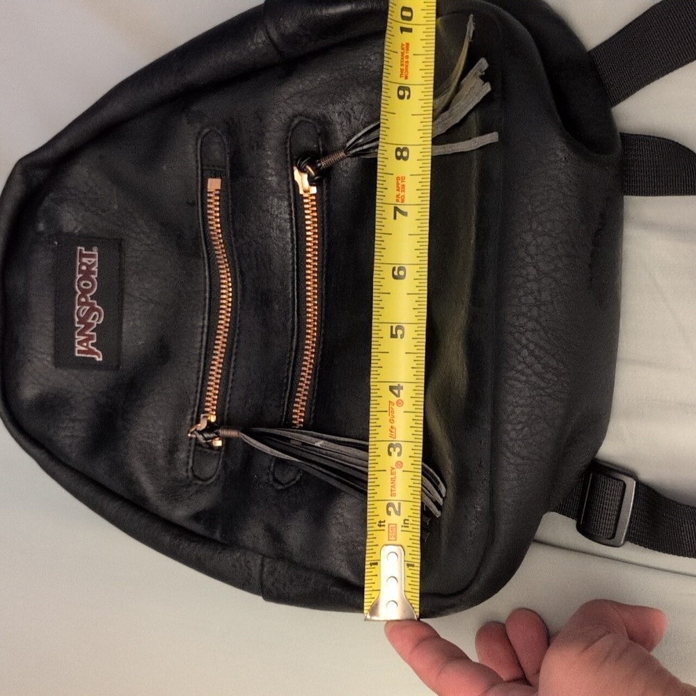 JanSport Black Leather Backpack With Rose Gold Zippers - Picture 2 of 16